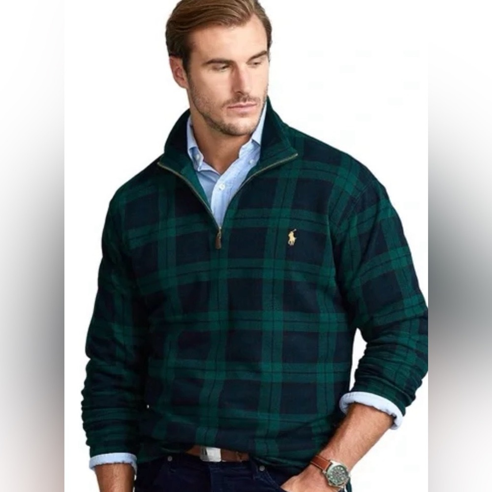 Polo Ralph Lauren Plaid Green & Navy Quarter Zip Pullover – Men’s XXL